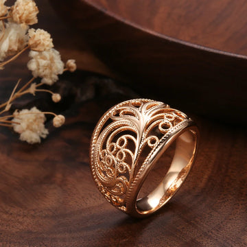 Trendy Unusual Fashion Filled Rose Gold of 14-Karat Purity Unique Hollow Pattern Romantic Ring - Fine Jewellery